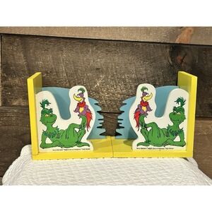 Vintage Dr Seuss Bookends Wooden Grinch Boo Yellow Henson Nursery Play Room EUC